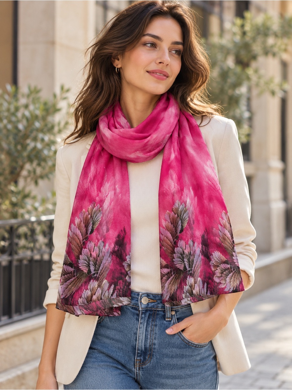 Chiffon Pink Floral Print Scarf Size 30''x 70''